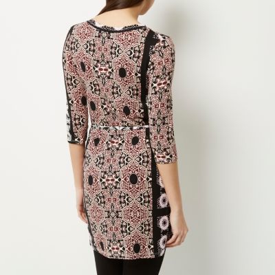 Black printed stretch-jersey belted tunic